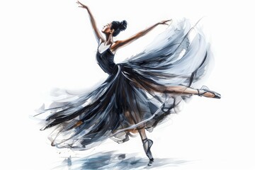 A painting of an elegant ballerina in midtwirl, her skirt flowing beautifully, isolated white background