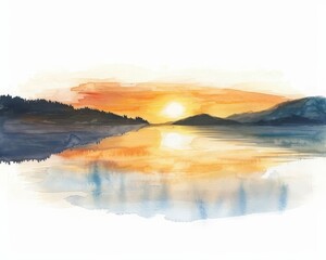Fototapeta premium A small watercolor of a serene lakeside view at sunset, reflecting warm hues in the calm water, isolated white background
