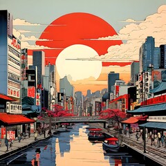 Ukiyo-e city skyline at night