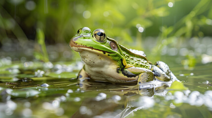 Obraz premium frog in the water jumping in the pool in day time 