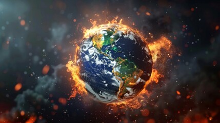 Fototapeta na wymiar Conceptual Illustration of a Collapsing Earth Globe, Burning and Destroyed by Fire, Symbolizing the Devastating Impact of Global Warming Driven by Excessive Industrial and Financial Activities