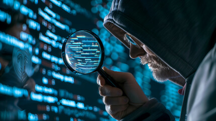  Hacker with magnifying glass looking at computer code on screen, cybersecurity data privacy concept 
