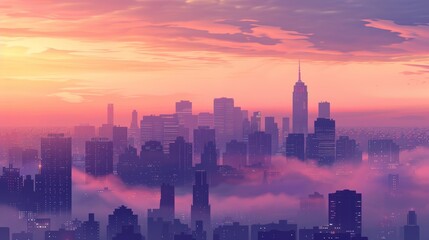 Obraz premium A city skyline with a pink and purple sky