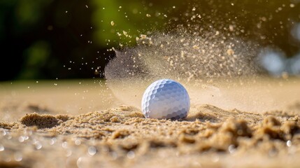 A close-up of a golf ball hitting the sand.