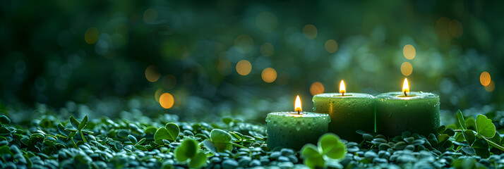 burning candles on green grass,
Green Candles for Saint Patrick's Day Clover Back 