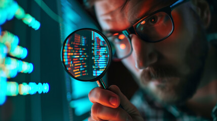  Hacker with magnifying glass looking at computer code on screen, cybersecurity data privacy concept 