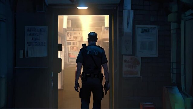 Police officer entering into a room through the door, cop movie scene, anime style cinematic shot Generative AI