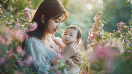 A heartwarming photo of a mother holding a baby surrounded by pink flowers.