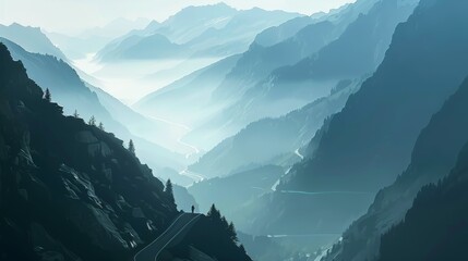 A mountain range with a foggy sky and a person standing on a ledge - Powered by Adobe
