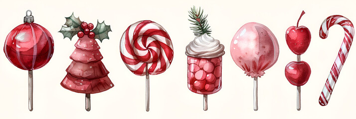 christmas tree decoration,
 Set of hand drawn watercolor Christmas candies