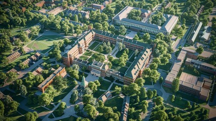 A city view of a college campus with a large building in the center