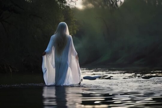 person in the water, female ghostly horrific figure floating or walking on a river in a forest or jungle, horror fantasy movie scene in the jungle, woman wearing white witch dress in the woods Generat