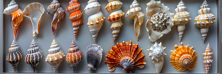 christmas tree decorations,
 A neatly arranged collection of various seashells