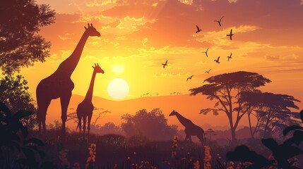 A group of giraffes are standing in a field with a sunset in the background