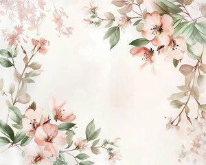 An elegant floral wedding card, framed by soft flowers and fresh green leaves on a pastel background, Watercolor design Blank frame template Sharpen with large copy space on center