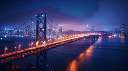 A bridge over a body of water with a city in the background