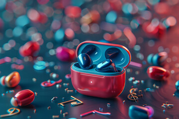 A pair of sleek, wireless earbuds rests in a vibrant charging case against a backdrop of scattered...