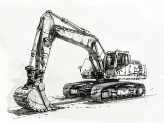 Minimalistic sketch of an excavator, focusing on essential shapes and forms with subtle shadow play, elegant on a white background