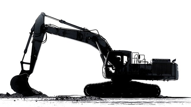 Silhouette of an excavator with an emphasis on its powerful structure and functional elements, stark white background