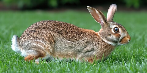 Realistic Image of a Brown Rabbit in Lush Green Grass, Showcasing Natural Wildlife