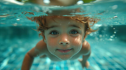 A little boy diving inside a swimming pool with his eyes opened underwater