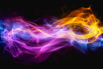 Obraz premium neon light swirls dancing in colorful or pastel with vivid streaks, isolated on a black background.