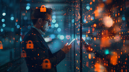 businessman in a suit using his smartphone, surrounded by digital padlock symbols on the screen, symbolizing data security and cyber protection