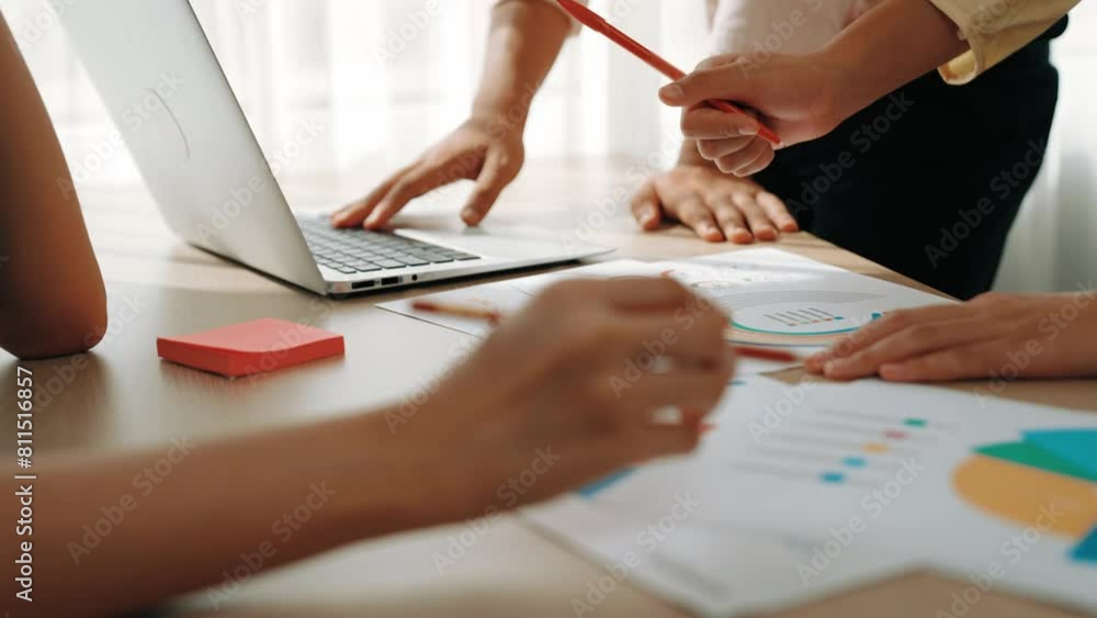 Poster startup company employee working together using laptop analyzing bi dashboard paper on financial dat