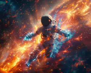 Fototapeta premium Astronaut floating in the outer space with the colorful nebula and stars in the background