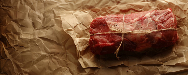A photorealistic image of a butcher wrapping a package of fresh meat with butcher paper and twine,...