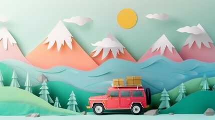 Creative paper art of adventure travel, rendered in retro colors, serving as a banner template with ample copy space