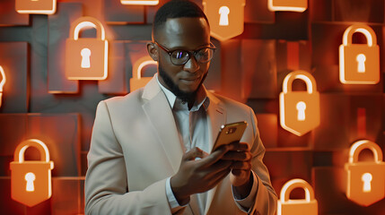  business and data protection concept, African businessman using smartphone wearing  glasses beige suit holding phone looking at screen with security padlock on background