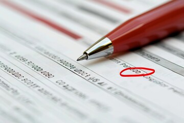 A closeup of a profit and loss statement with a red pen circling positive figures and upward trends