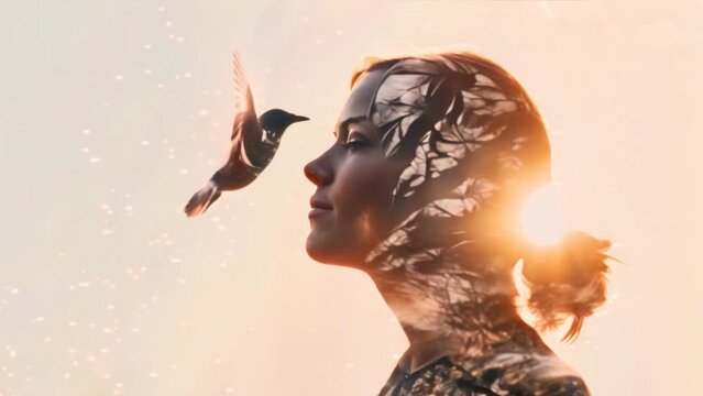 Double-exposure wallpaper showing a person and a bird, with the person's silhouette blending into the shape of the bird, symbolizing freedom and spirit.