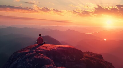 A person practicing yoga on a mountaintop at sunrise, feeling connected to the vastness of the universe.  - Powered by Adobe