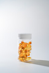 oil filled capsule, soft gel, Fish oil supplement capsule in clear plastic bottle, omega 3 9,...