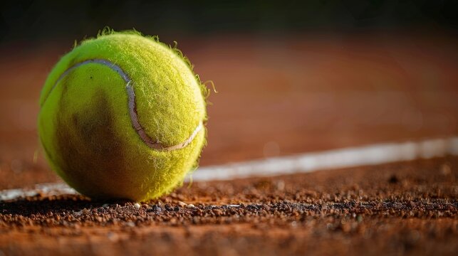 A close up of a used tennis ball on a clay court.