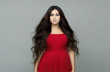 A woman in a red dress with a long hair
