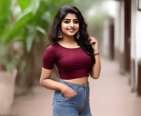 Indian teen flaunting style and curves in maroon crop top with joy