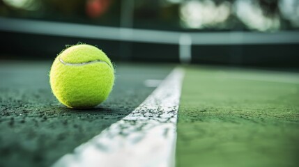 A close up of a tennis ball on the court