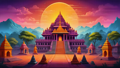 a painting of a temple with a sunset in the background