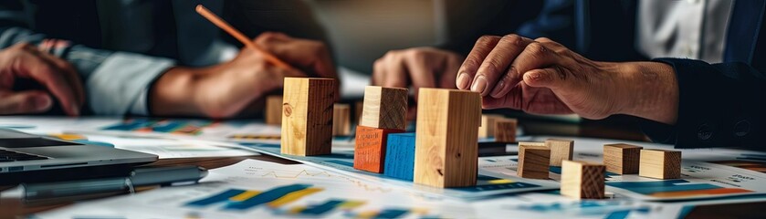 A conceptual image of a group of people building a tower out of blocks labeled profit, revenue, and performance