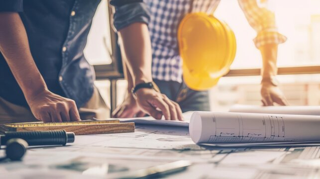 A construction team reviewing architectural plans, ensuring accurate execution of project timelines