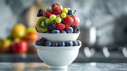 A stack of fresh fruit arranged beautifully in a white ceramic bowl, adding a touch of nature to the kitchen decor. - Powered by Adobe