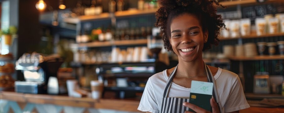A customer holding a loyalty card with a smile, while an interactive screen displays their accumulated rewards