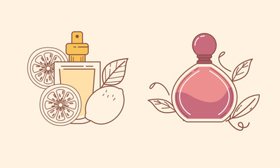 Set of different perfume bottles with ingredients