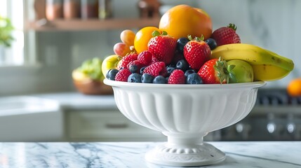 A stack of fresh fruit arranged beautifully in a white ceramic bowl, adding a touch of nature to...