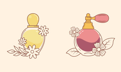 Set of different perfume bottles with ingredients