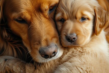 Two golden retriever puppies lying together on the floor.