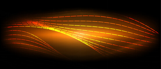 An artistic portrayal of a radiant orange and yellow wave against a black sky, resembling automotive lighting on a horizon with a circle of heat